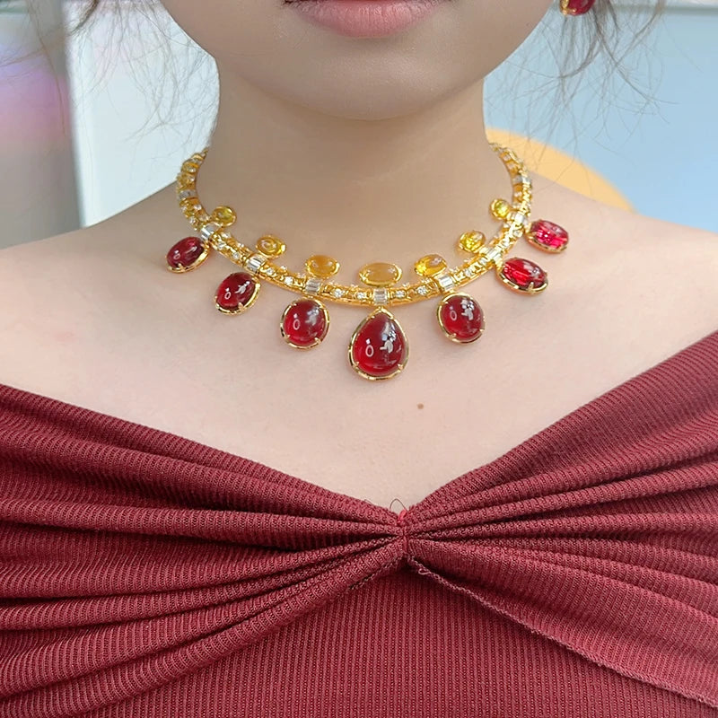 Retro Exaggerated Red Bead Hollow Necklace Earring Set Made of Brass Material Skin Friendly Women's Dress Accessories