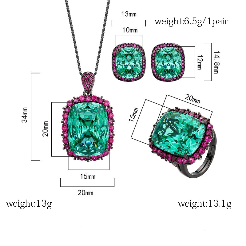 Gemfiori High Quality Luxury square Gemstone Set Girls' Party Gifts Zircon Jewelry Earrings Ring Necklace Suitable for Women's Weddings