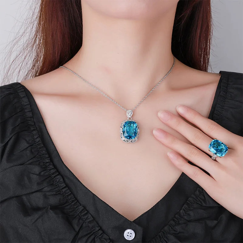Gemfiori Retro Trendy Sea Blue Zircon Pendant Necklace Ring Design Jewelry Set for Women's Wedding/Anniversary