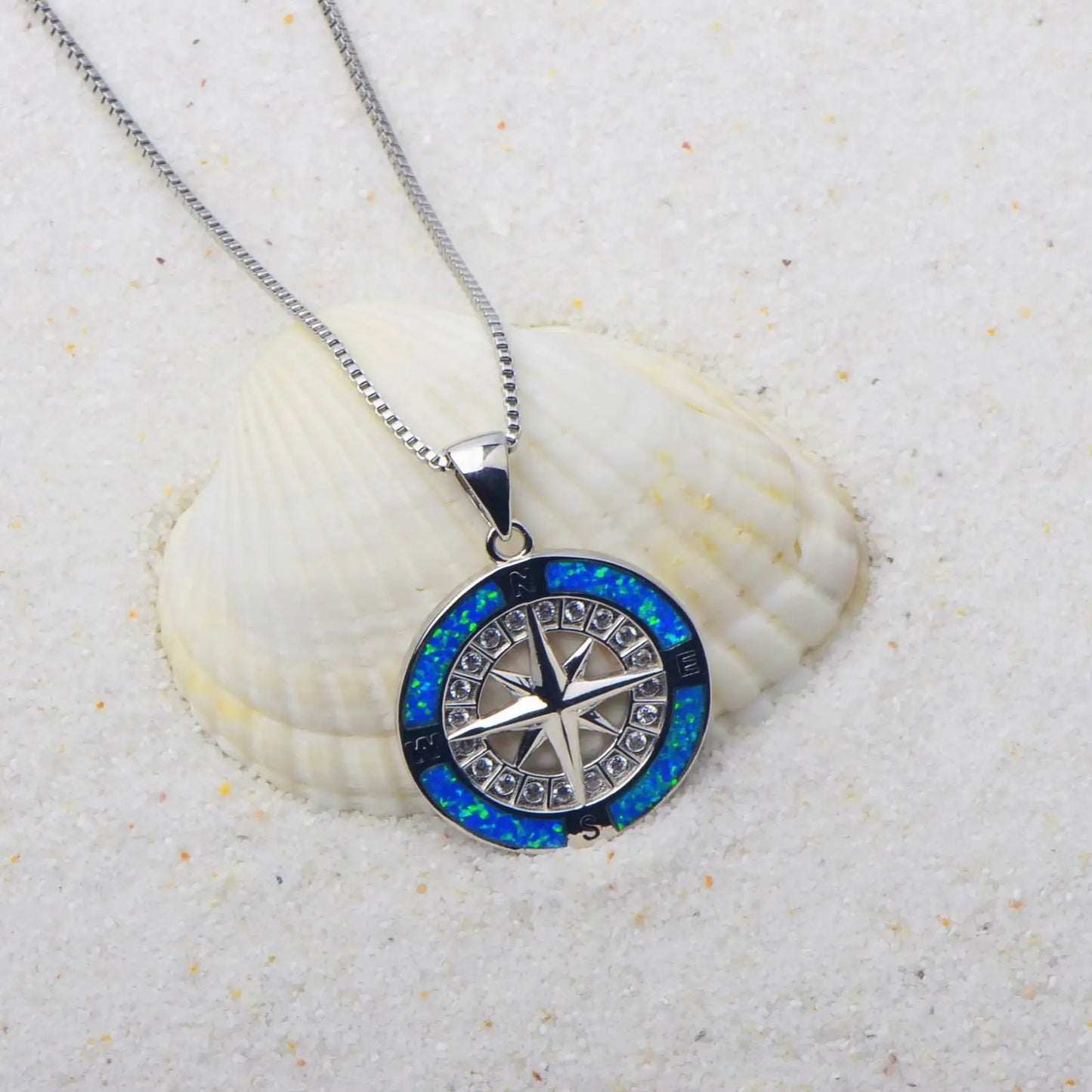 Minimalist Compass Pendant Necklace | Blue Opal & CZ Accents - Elegant Nautical Jewelry for Women