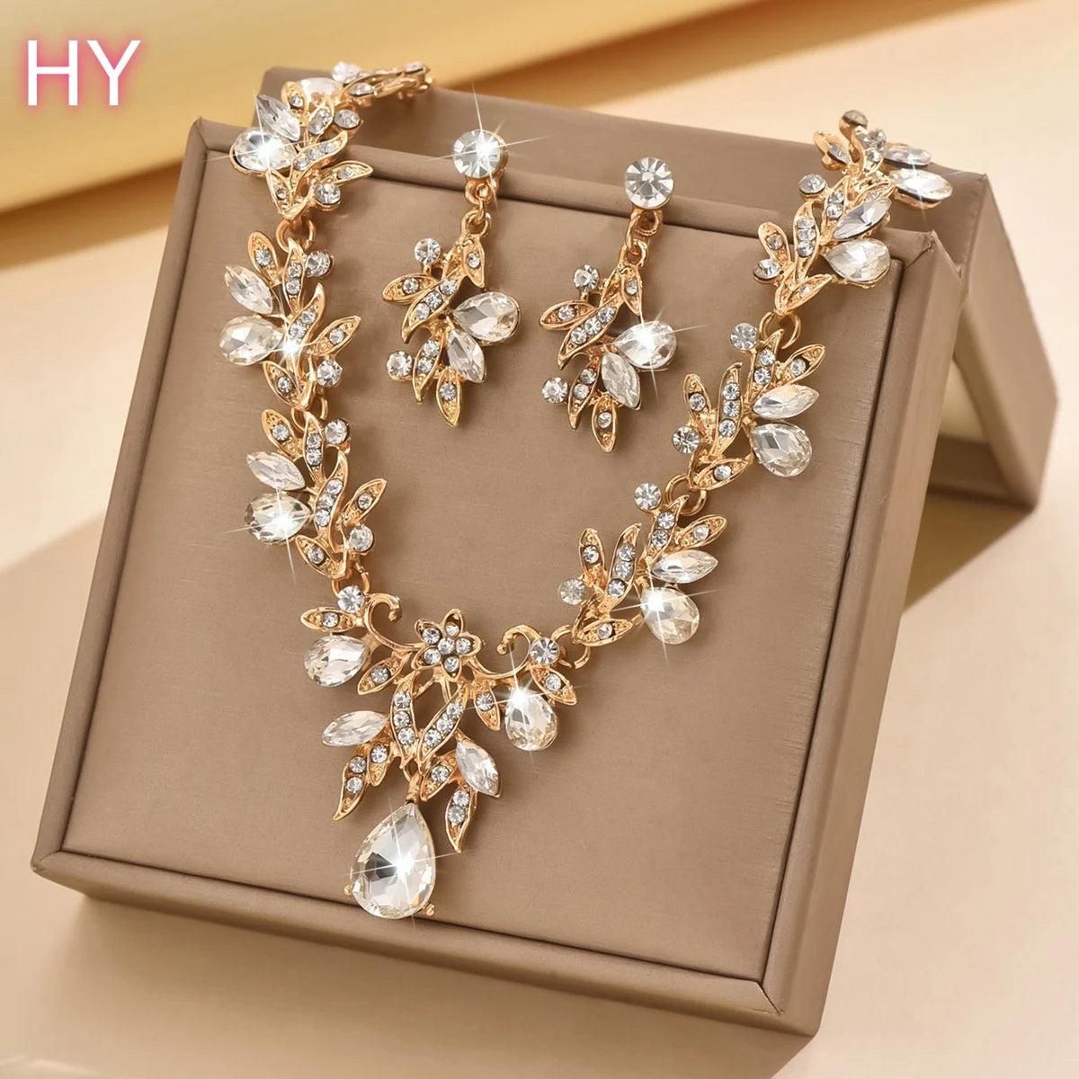 HY Women's Fashion Gold-Plated Bridal Jewelry Sets Rhinestone Crystal Wedding Necklaces Earrings for Parties Engagements Wedding