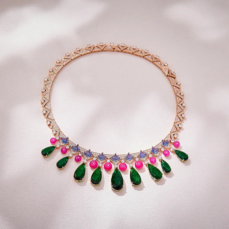 African Bridal Cubic Zirconia Statement Necklace & Earrings Set — Silver & Rose Gold