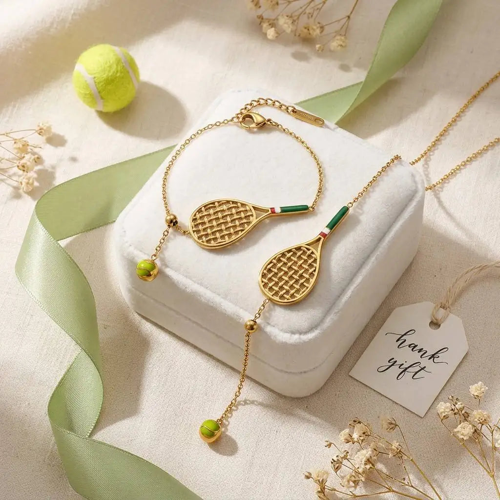 REDheart Tennis Racket Jewelry Set CE Certified Stainless Steel 18K Gold Plated Enamel Tennis Ball Necklace Bracelet Set for Sports Fan