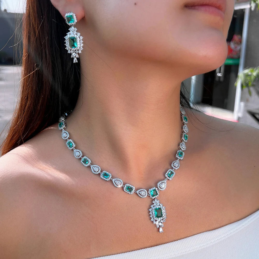 Silver Plated Light Green Square Cubic Zirconia Jewelry Set Accessories Prom Wedding Bridal Long CZ Earrings Necklace for Women
