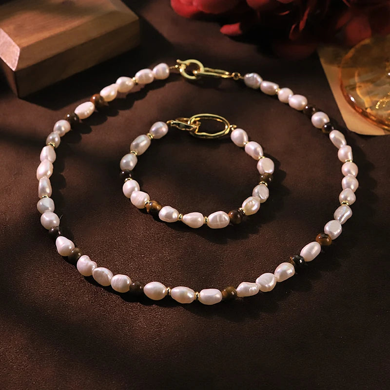 GLSEEVO Natural Freshwater Pearl Tiger Eye Beaded Jewelry Set for Women Birthday Gift Dainty Necklace Bracelet Fashion Jewelry