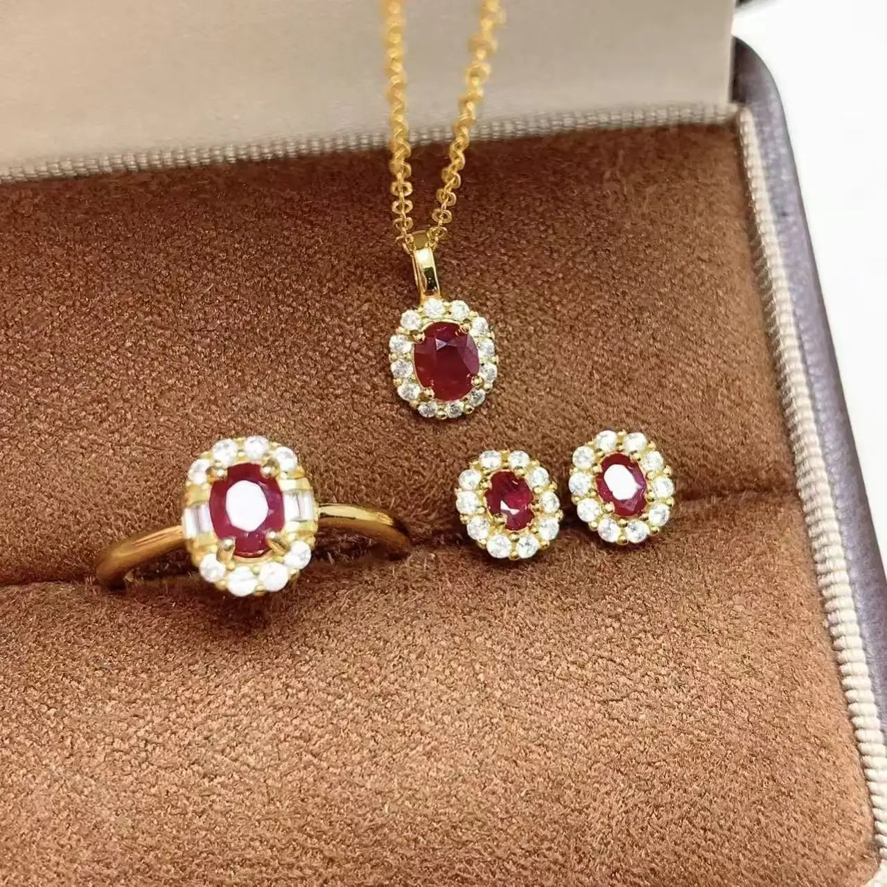 Luxury Natural Ruby Jewelry Set 925 Sterling Silver 18k Gold-plated Necklace Earrings Ring Women's Sets Wedding Engagement Gift