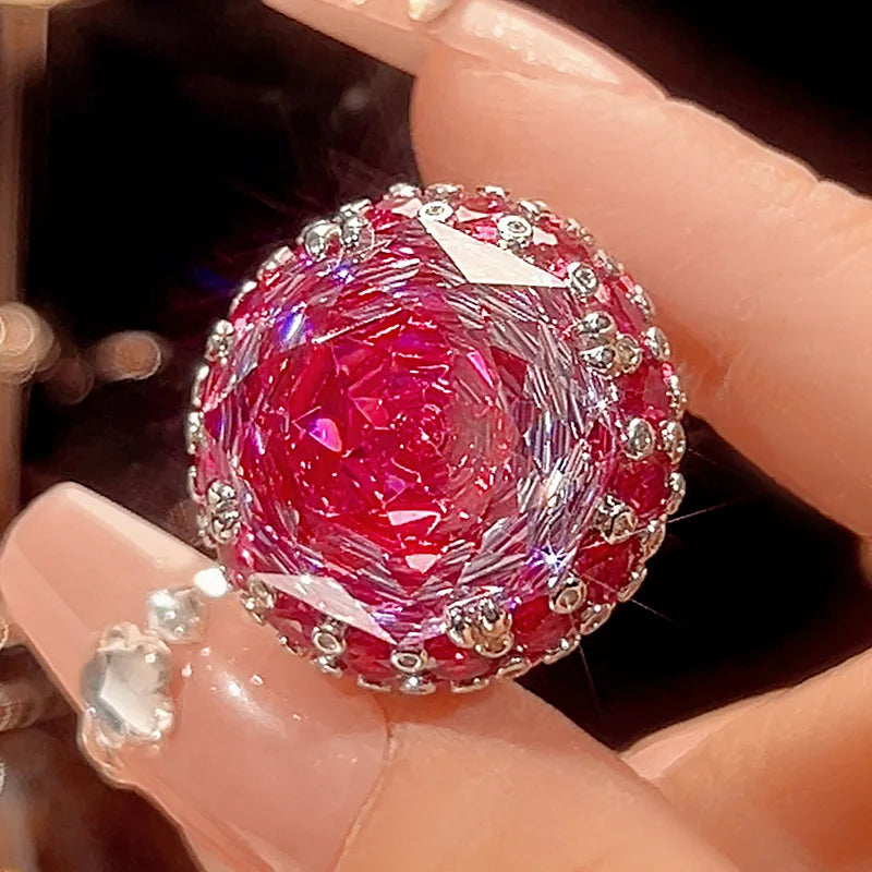 REDheart Fashion Copper Inlaid Zircon Opening Ring Rose Red Zircon 18K Gold Plated Flower Design Light Luxury Women's Pendant Jewelry Set