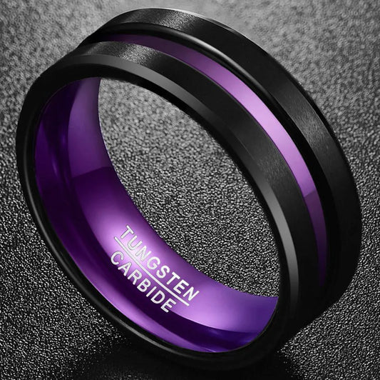REBEL 1pcs 8mm Chamfer Black Plated Outer Ring Purple Alumina Inner Double-layer Men's Tungsten Ring Jewelry