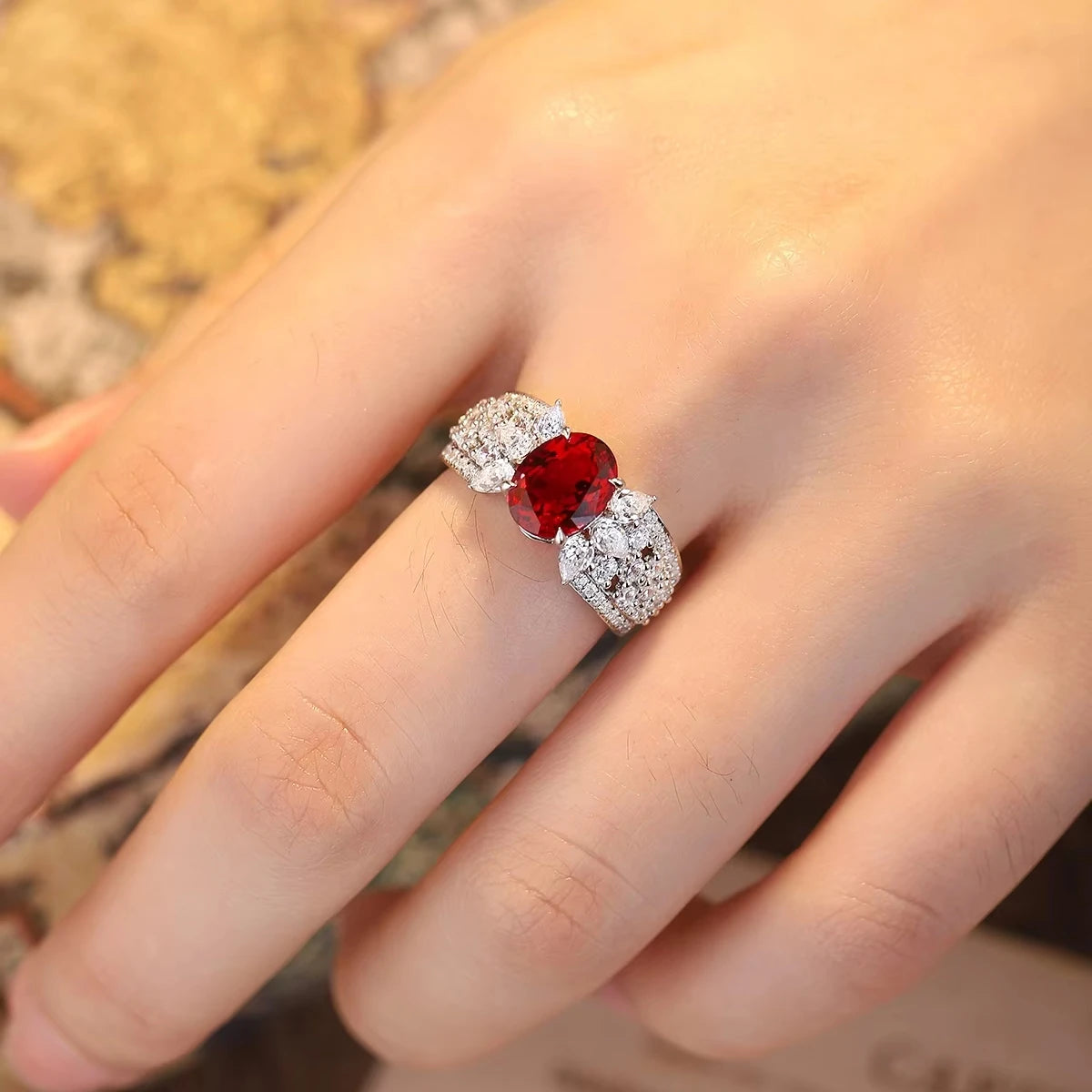 Gemfiori Statement Rings Sterling 925 Silver Lab Grown Ruby Rings for Women Engagement Rings of the Day Wedding Gift Customize Jewelry
