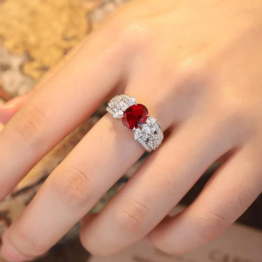 Gemfiori Statement Rings Sterling 925 Silver Lab Grown Ruby Rings for Women Engagement Rings of the Day Wedding Gift Customize Jewelry