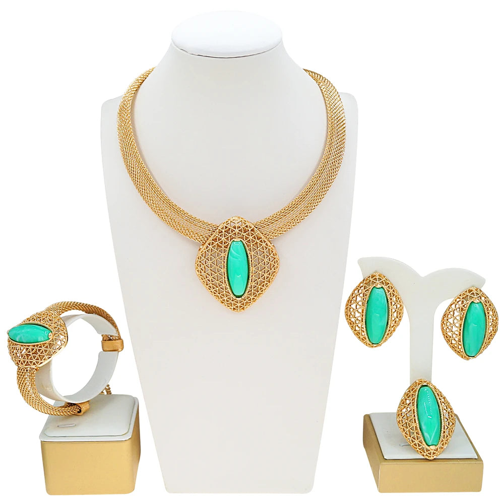 Zhuerrui Gold Plated Jewelry Set for Fashion Women Green Crystal Pendant Necklace Party Wedding Luxury Accessories HC25003