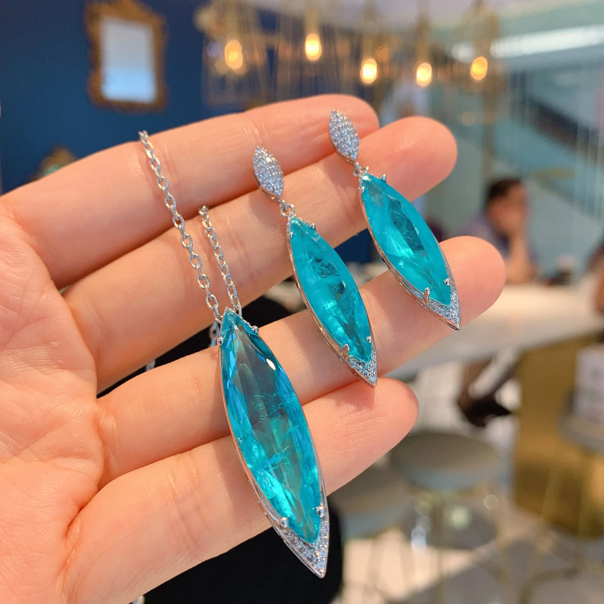 Gemfiori New Arrival Wish Hot Selling Vintage Fashion Paraiba Blue Teardrop Necklace Earrings Set for Women Factory Custom OEM