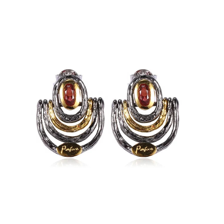 Italian Design Earrings Garnet 925 Silver Stud Earrings