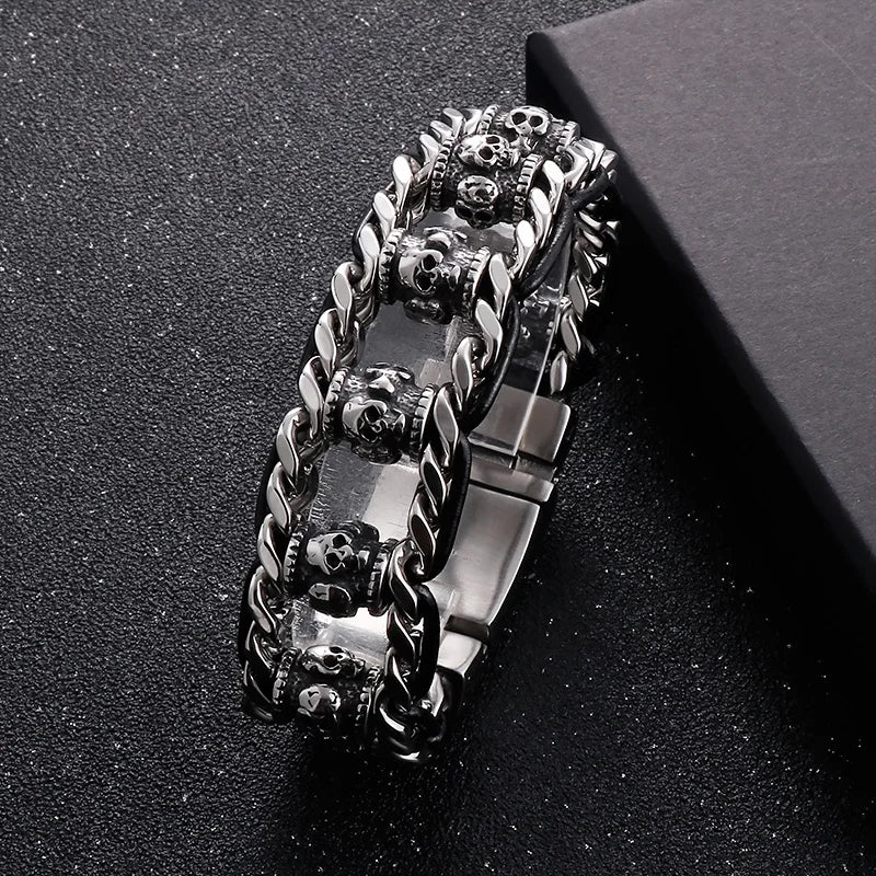 VIKING Mens Punk Skull Charm Stainless Steel & Cowhide Link Bracelet – Silver