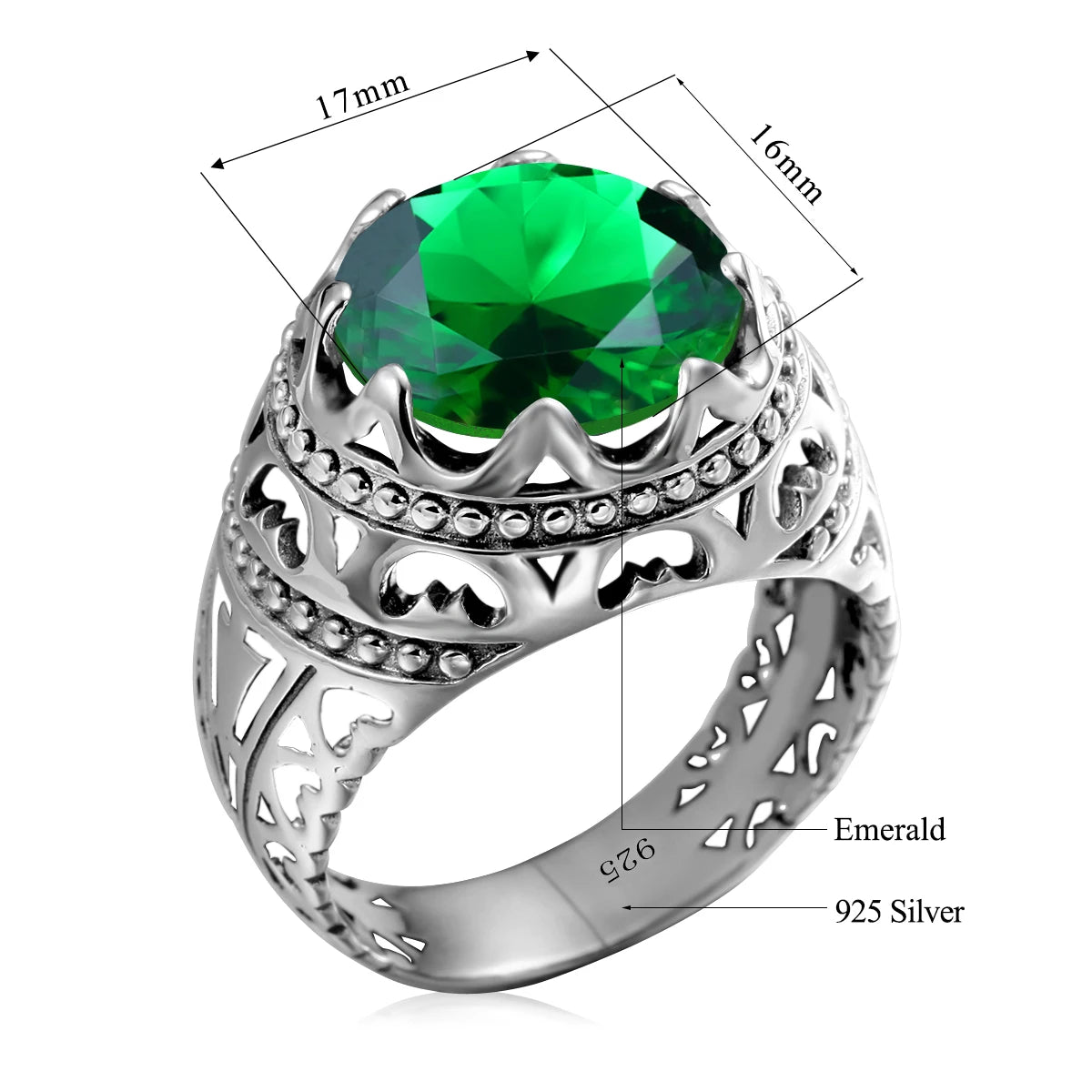BiG-BOSS Vintage 925 Sterling Silver Men's Emerald Ring Gothic Punk Statement Jewelry Huge Gemstone Finger Rings for Men Custom Gift