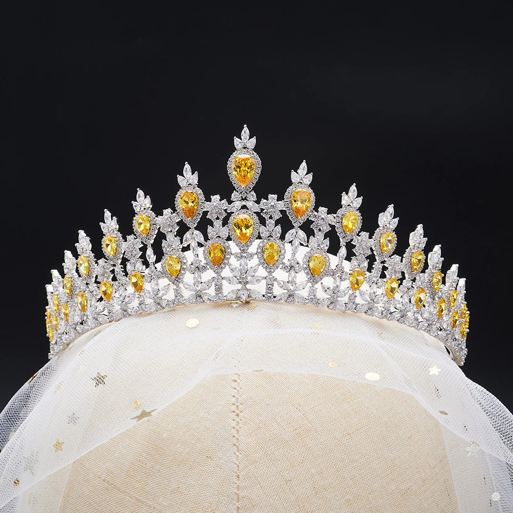014129 Luxury Color Cubic Zircon Crystal Crowns for Women Tiara Queen for Wedding Bridal Headpiece Hair Jewelry Accessories