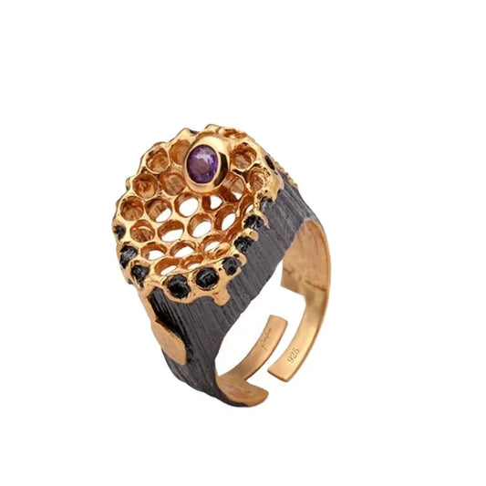 New Product Hollow Nest Design 925 Sterling Silver Ring with Amethyst