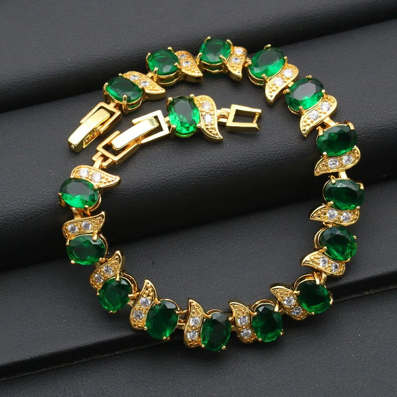 XOTICA Classic Gold Color Bridal Set for Women Wedding Engagement Emerald Zirconia Earrings Pendant Ring Bracelet Chain Alloy Christmas