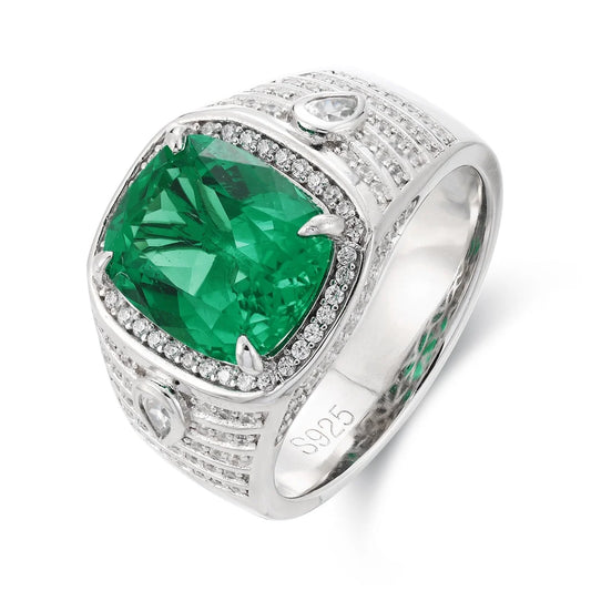 Gemfiori New Design Retro Lab Grown Emerald Gemstone Ring Sterling 925 Silver Mens Rings Big Size Rings for Men Wedding Party Jewlery