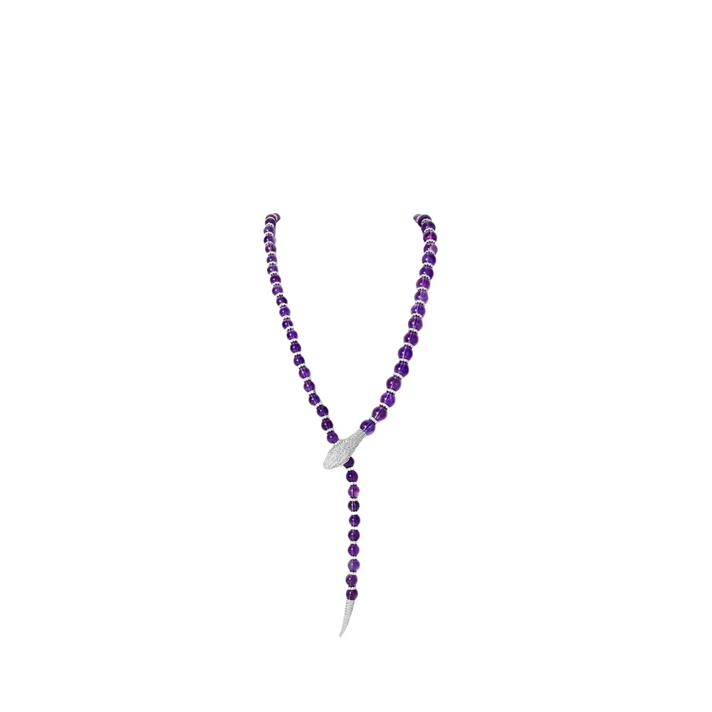 Silverelli | 925 Silver Snake Design Natural Amethyst & Diamond Pendant Necklace | Gold Plated
