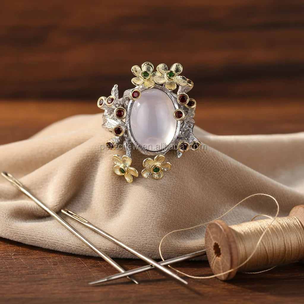 Flower Design Pink Quartz Main Stone 925 Sterling Silver Jewelry Ring for Women