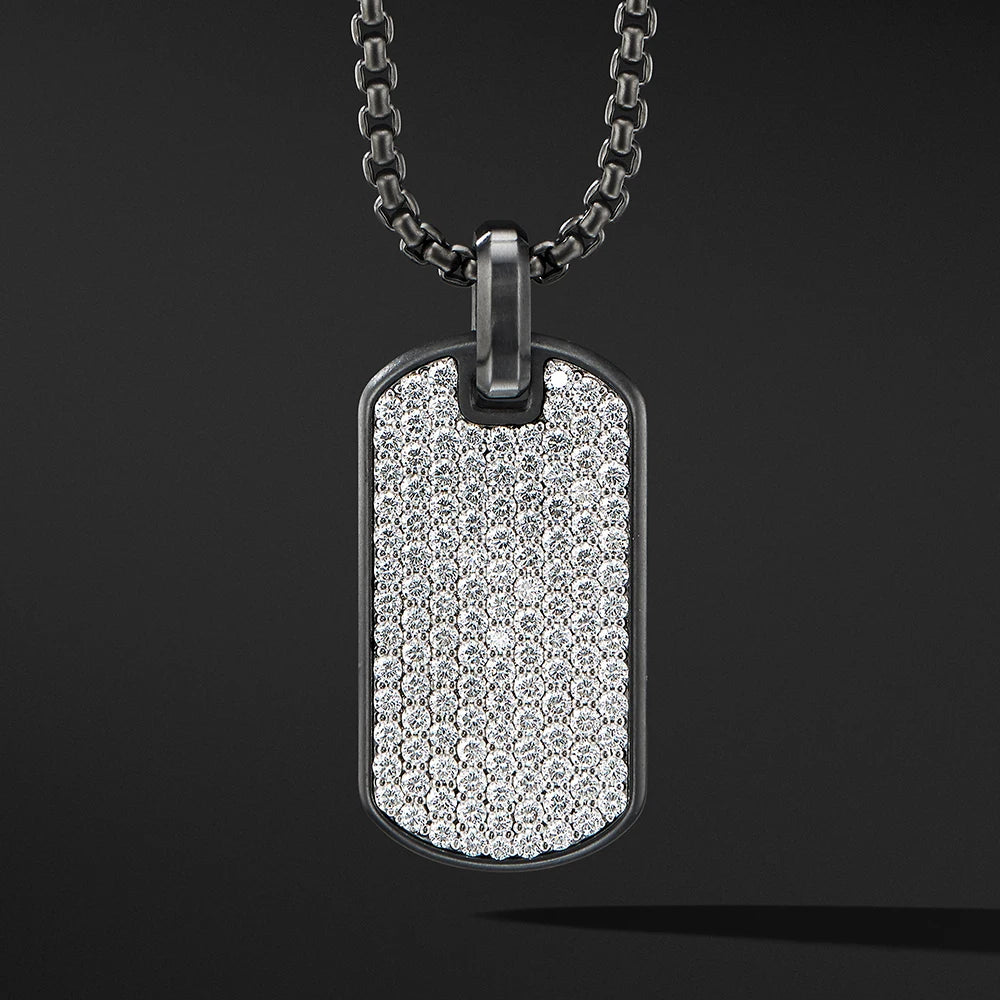 Stainless Steel Black Dog Tag CNC Zircon Diamond Pendant Necklace Mens Jewelry