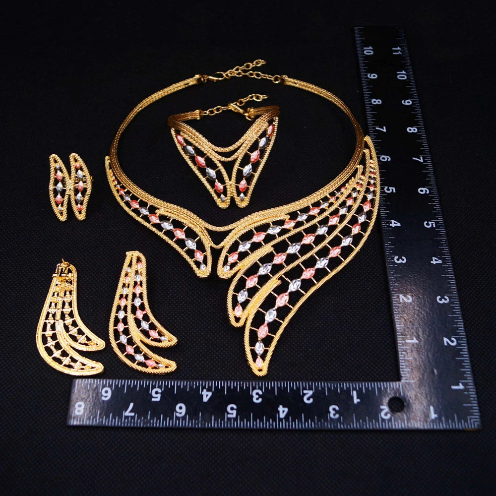 Zhuerrui Luxury V-neck Choker Wedding Jewelry Set for Bride Brazilian Gold Plated Bridesmaid Accessories with Crystal  X0008330