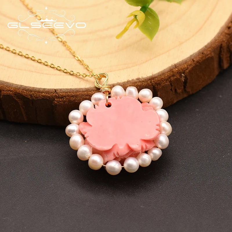 Coral Natural Freshwater Pearl Necklace 18k Brass Gold Plated Flower Elegant Luxury Necklace Jewelry Lover Engagement Gift