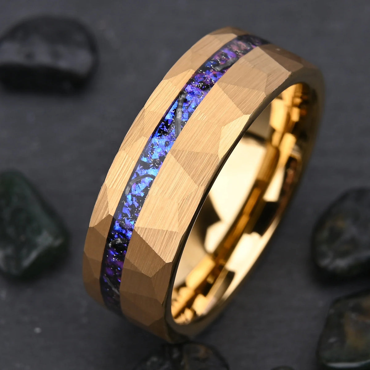OAHLAN 8mm Hammered 18K Gold Plated Tungsten Carbide Ring Galaxy Blue Purple Opal Inlay Womens Mens Wedding Band Fashion Jewelry