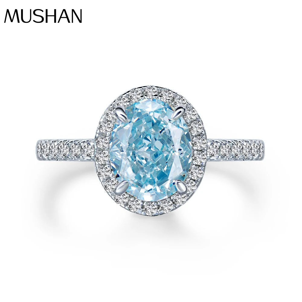MuShan Jewelry Factory 1.6ct Navy Blue Egg Shaped 5 * 8 Ice Flower Cut High Carbon Diamond S925 Pure Silver Ring for Women