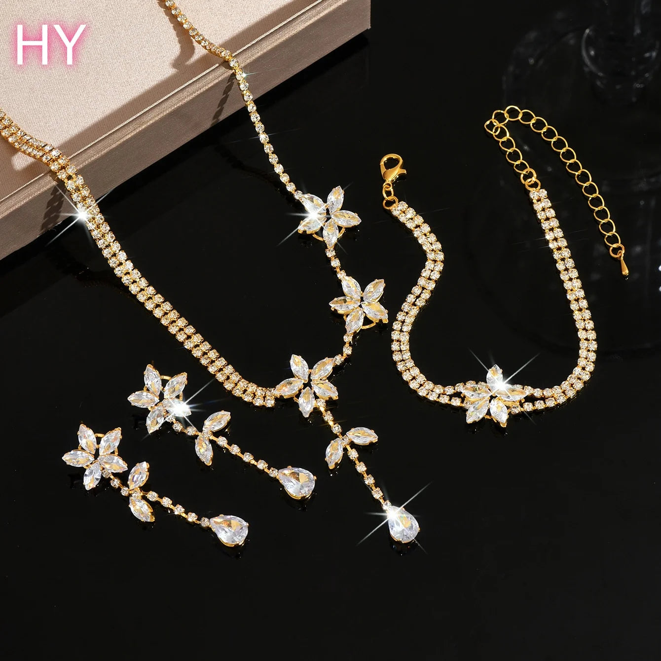 HY Daihe Set Glamorous Diamond Flower Leaf Tassel Chain Fashion Choker Necklace Earrings Party Wedding Jewelry Set
