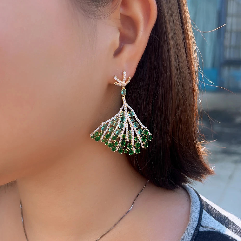 S&S Green CZ Oversized Tree Leaf Dangle Drop Earrings – 18K Gold Plated – Collection