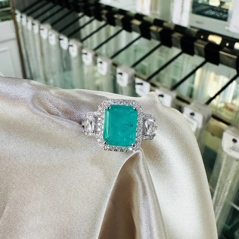 MuShan Jewelry Factory New 8 * 10mm Blue Green with Cotton Emerald Ring Women Pure Silver Simulation Gemstone Silver Jewelry