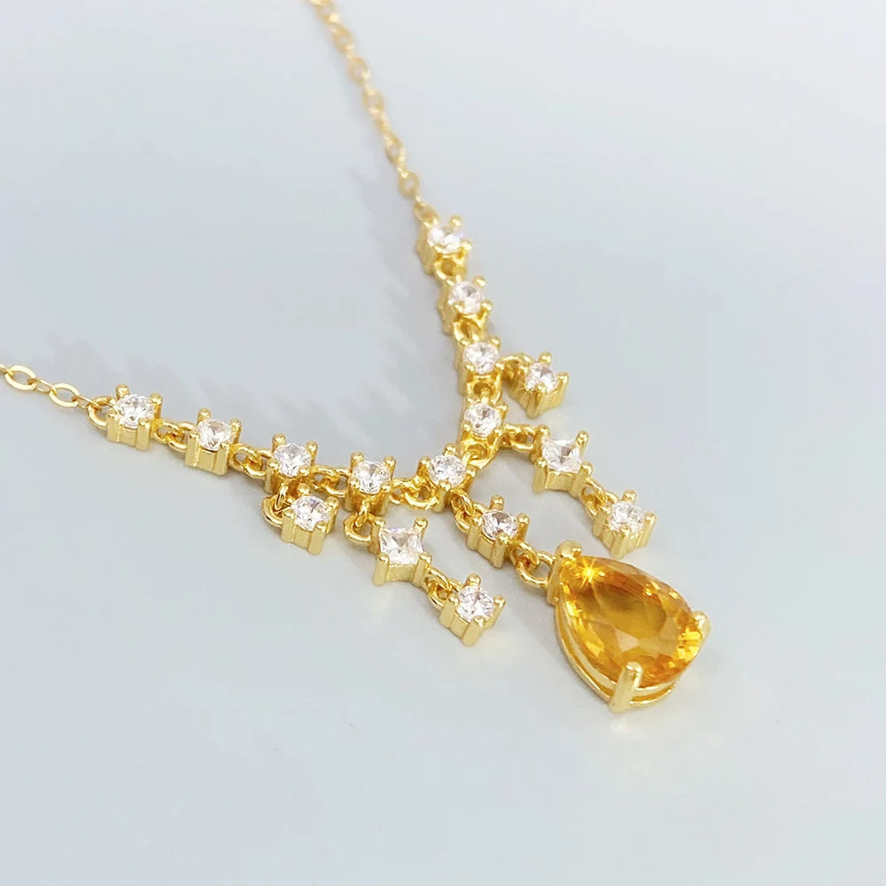 Gioiellieri 925 Sterling Silver Natural Citrine Pendant November Birthstone Yellow Gemstone Pear Cut Necklace Solitaire Chain Romantic