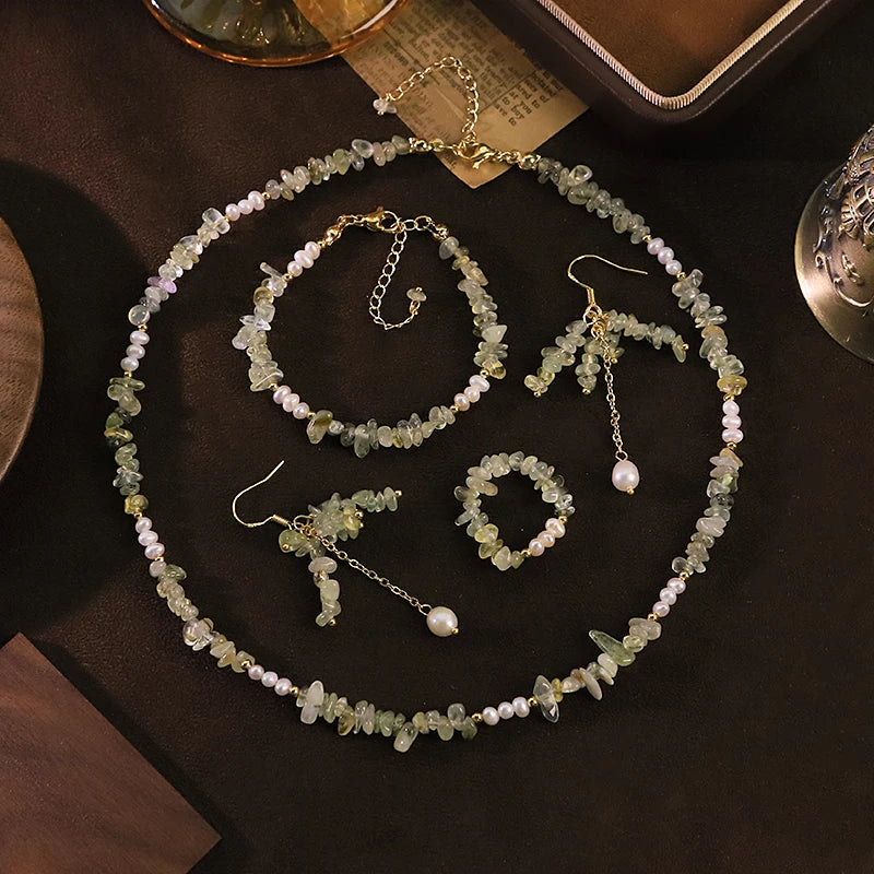 GLSEEVO Natural Freshwater Pearl & Green Prehnite 4-Piece Jewellery Set — Necklace, Bracelet, Earrings & Ring