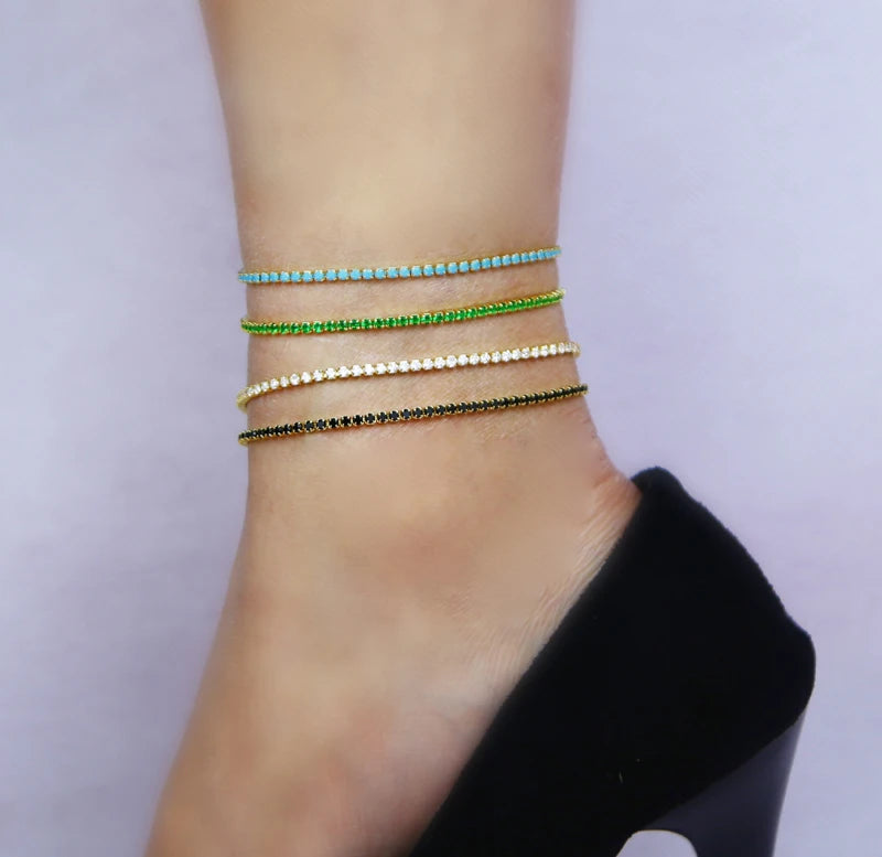 18K Gold Plated White Pink Green Turquoise Black Zirconia Fashion Women Jewelry CZ Summer Colorful Tennis Chain Foot Anklet