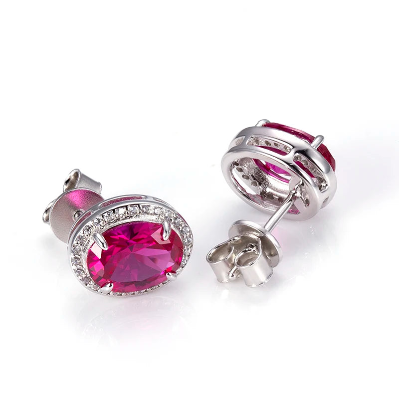 Messi Jewelry MSE-603  Corundum Red Silver Earings Oval Cut Fancy Shape Earrings for Daily for Gift
