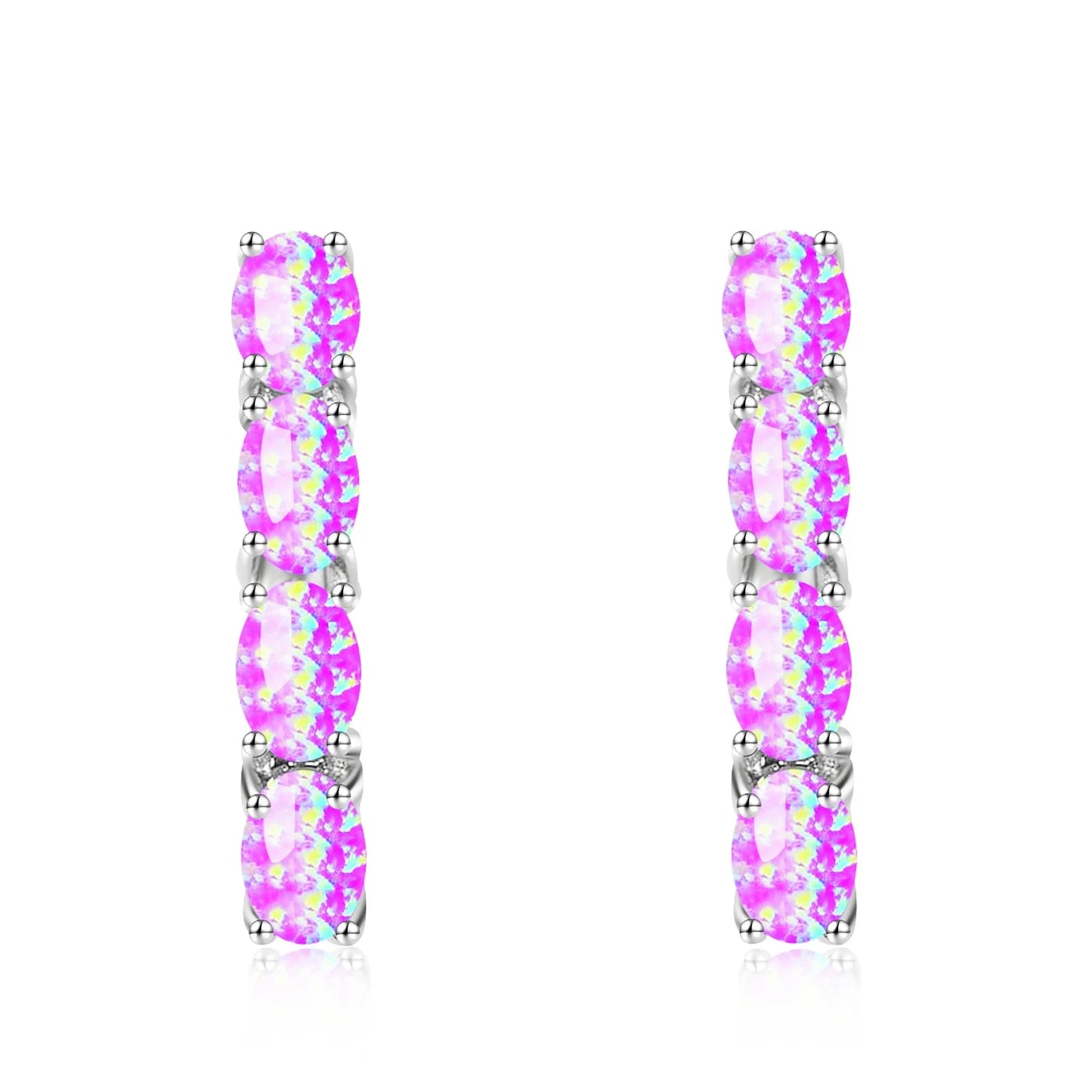 Luminous Pink Fire Opal Pendant Earrings-Trendy Silver Plated Brass Iridescent Gemstone Baguette Drops | Chic Feminine Gift