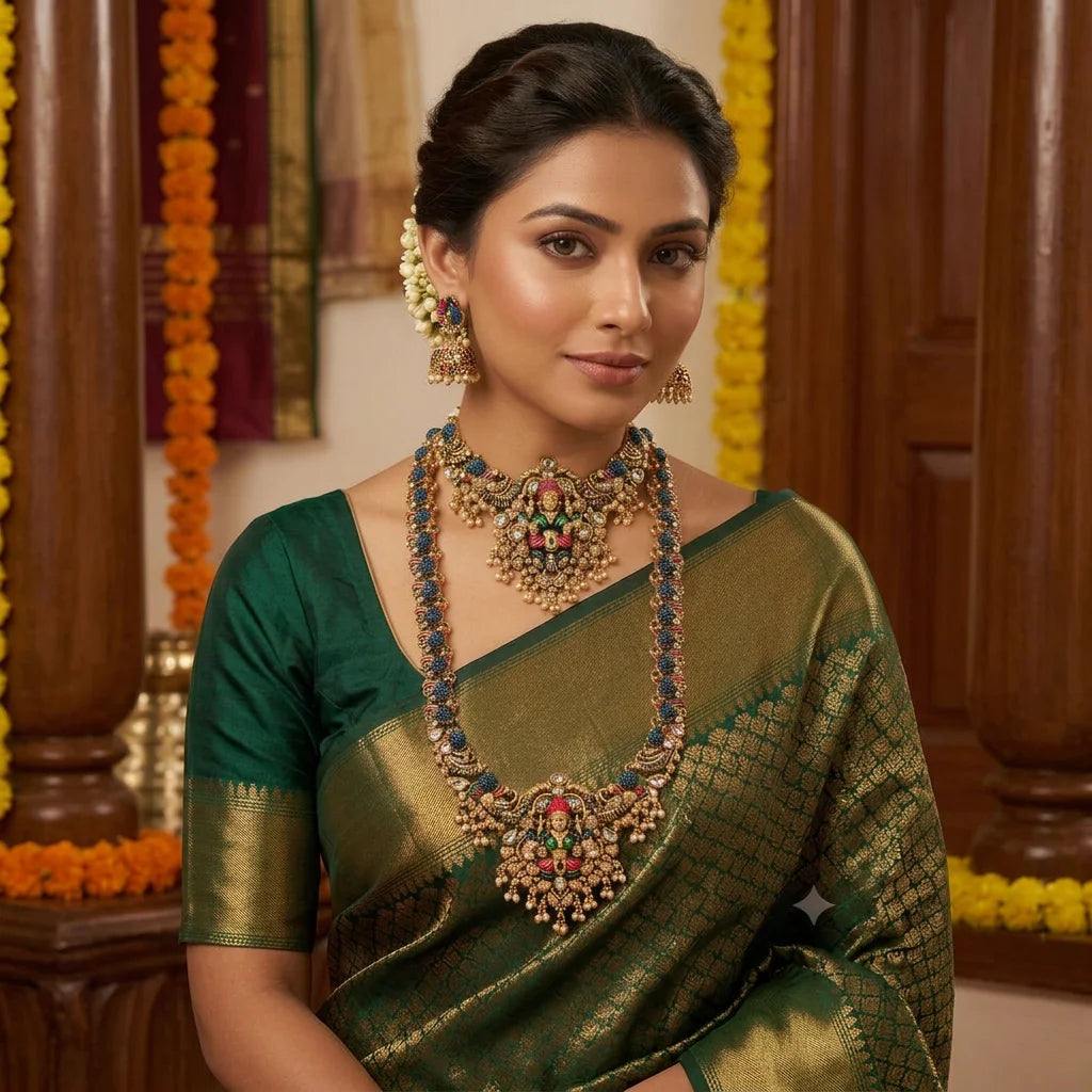 Luxury Temple Jewellery Lakshmi Bridal Necklace Set Antique Gold Plated Brass Wedding Long Haram Choker Set for Women Set