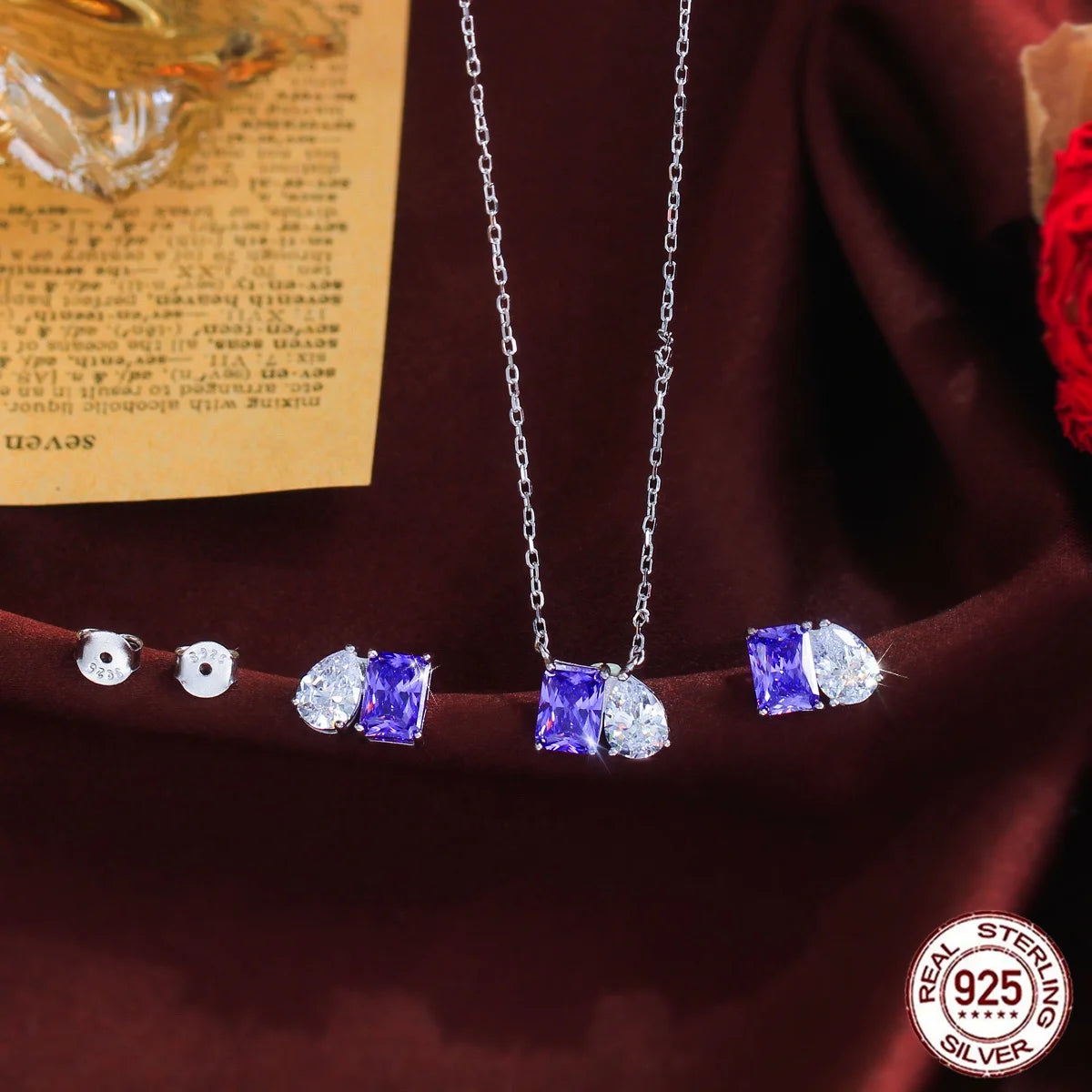 Vivid 925 Sterling Silver Purple Zircon Jewelry Set Baguette Drop Necklace Earrings Rhodium Plated for Women, Formal Event