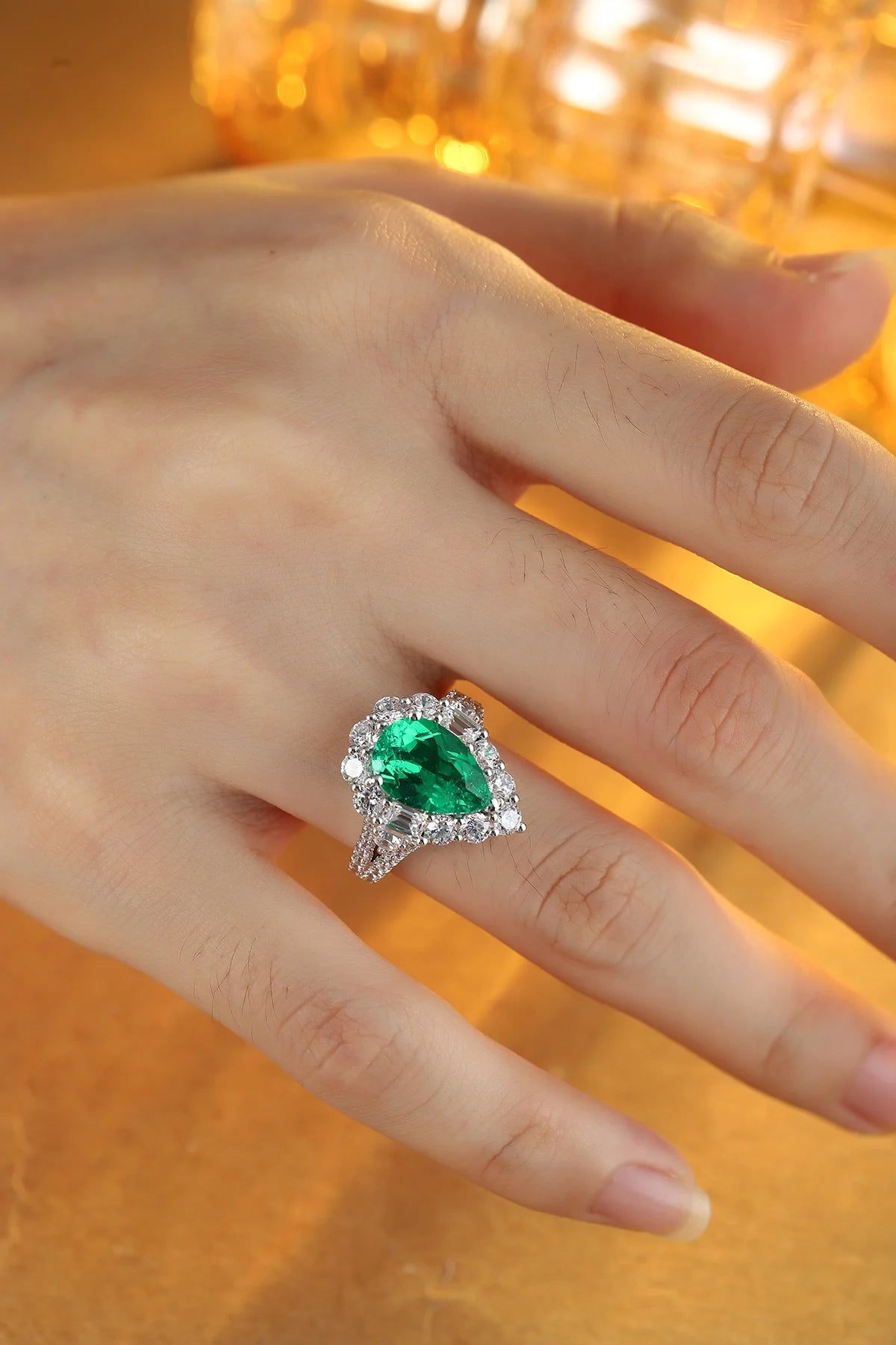 Gemfiori Custom Vintage Lab Grown Emerald Sterling Silver 925 Engagement Ring Rhodium Plated Pear Cut Prong Setting Wedding Ring