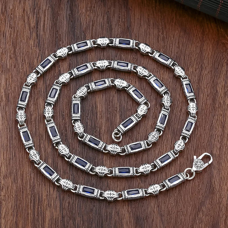 S&S 925 Silver Tang Grass Pattern Necklace | Zircon Set | 5mm Sweater Chain | Blue & Green