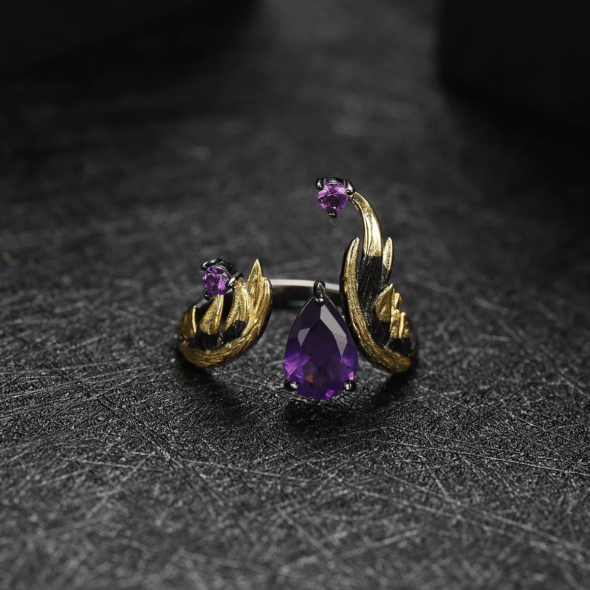 ArtistA C7873 Abiding Special Tribal Myth Design 925 Sterling Silver Black Gun Plated Natural Amethyst Open Ring
