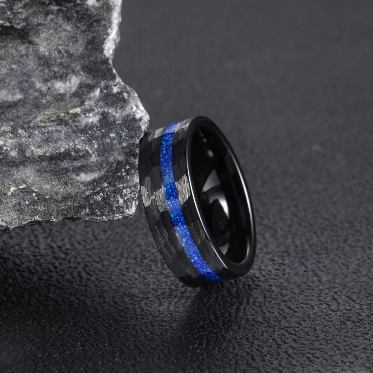 OAHLAN Fashion Jewelry 8mm Blue Opal Inlaid Hammered Pattern Anti Rust Tungsten Carbide Rings for Men Engagement Anniversary