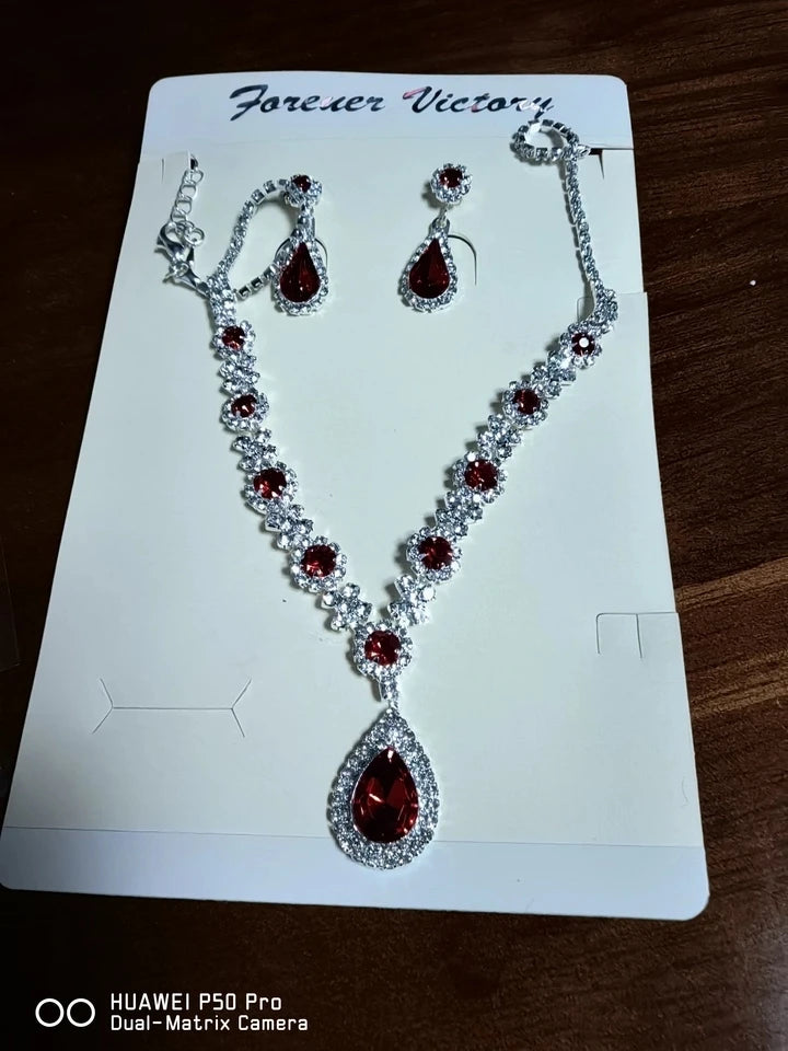 XM S372 Platinum Plated Princess Cut Zircon Floral Teardrop Pendant Necklace & Earrings Bridal Set