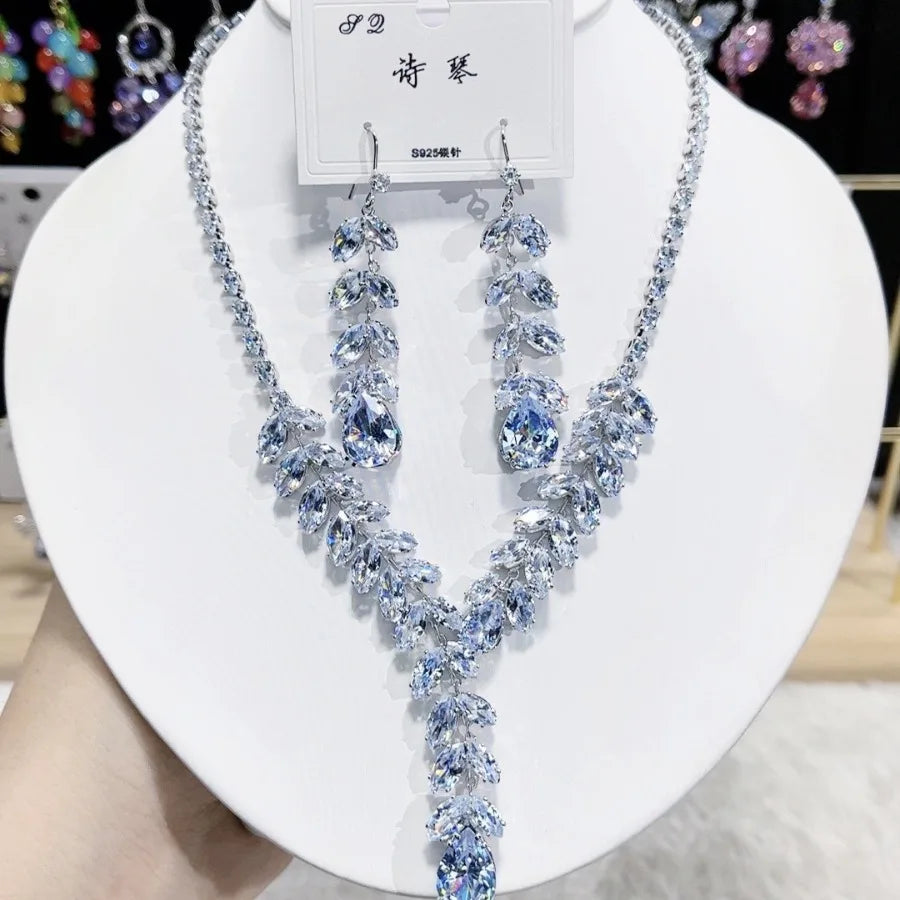 K062 Hot Selling Women Trendy Luxury Leaves Zircon Bridal Necklace Earrings Set Wedding Elegant Jewelry Set
