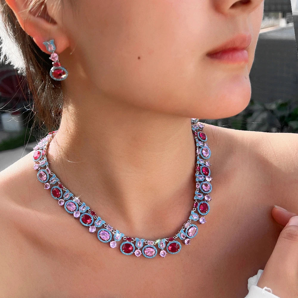 Glamorous Necklace and Earrings Oval Shape Dazzling Cubic Zirconia Blue Red Pink Big Multicolor Jewelry Set for Women Banquet