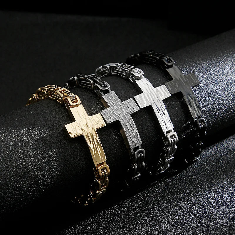 Fashion 18K Gold Plated Stainless Steel Byzantine Chain Cross Bracelet Trendy Jewelry for Men Women Unisex for Anniversary