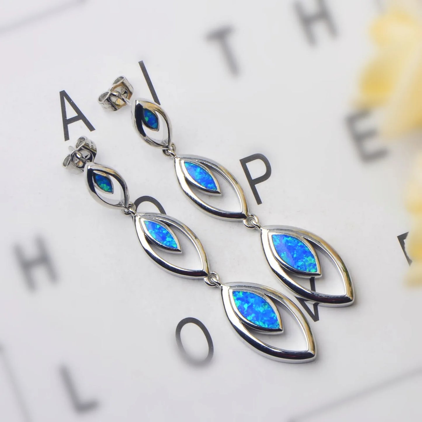 Tiered Marquise Opal Drop Earrings - Blue Fire Opal Framed Tassel Design | Elegant Daily Jewelry Bulk Gifts