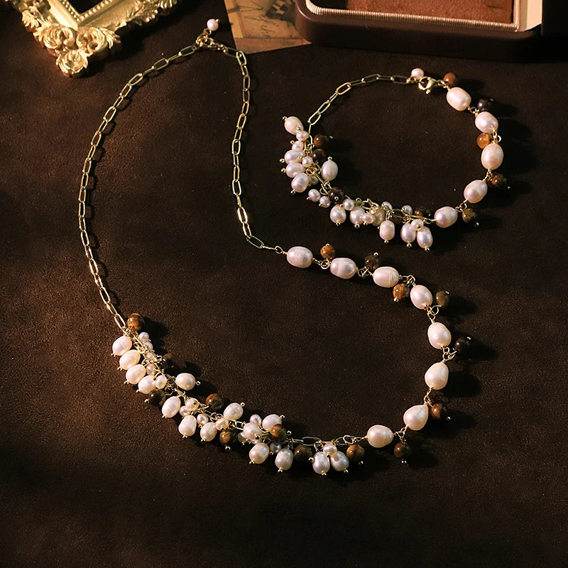 Natural Pearl Tiger Eye Stone Chain Bracelet Necklace Set Luxurious Design Jewelry Set for Banquet Gifts for Women GS0222